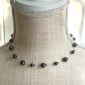 VTG CAROLEE Black Pearl & Silver Illusion Choker Necklace, Invisible, Gunmetal